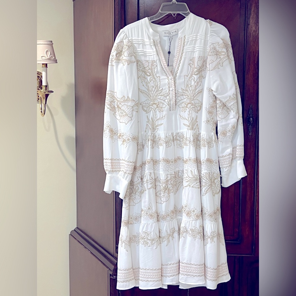 NWT Hale Bob White and Gold Long Sleeve Dress